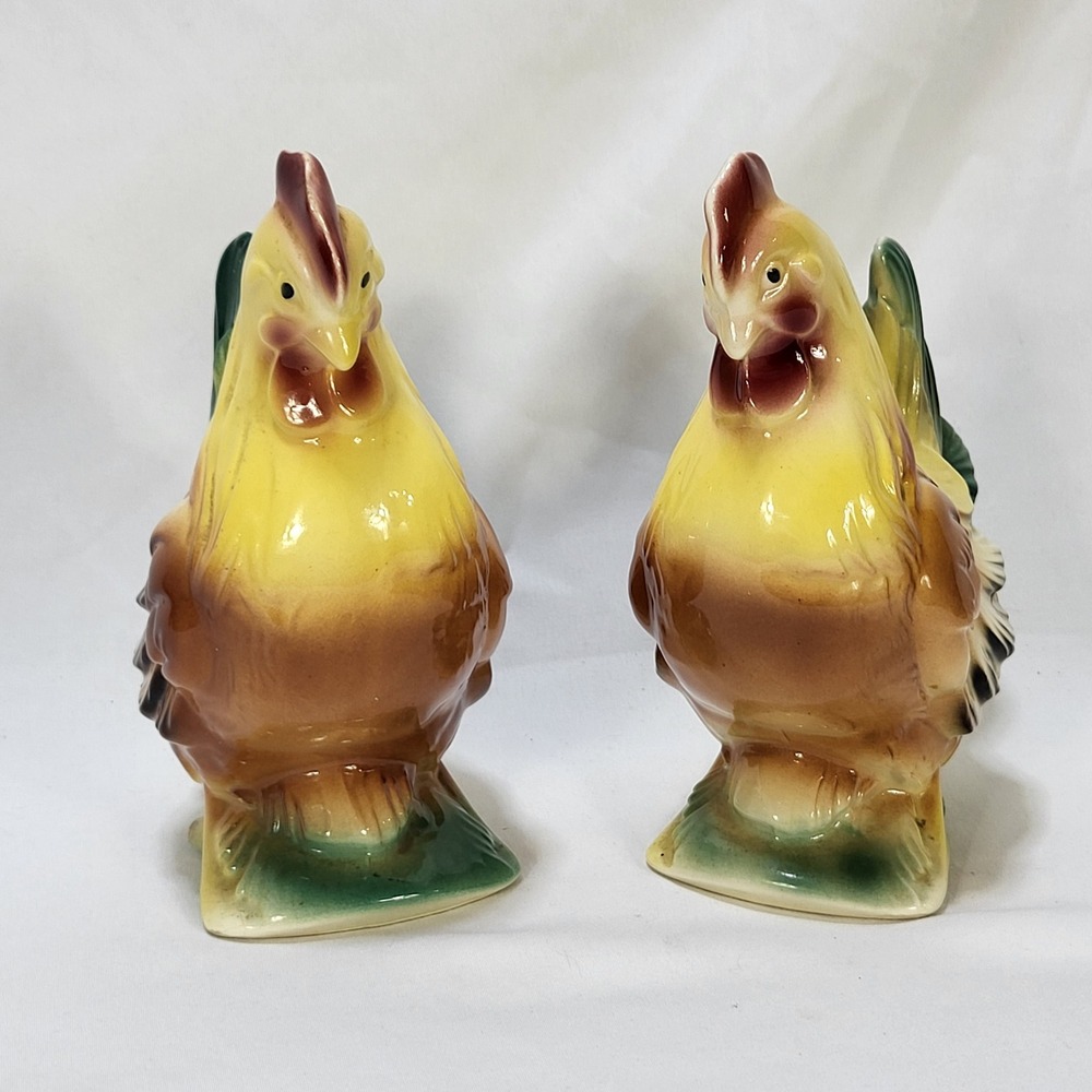 Vintage Ceramic Rooster Figurines Pair Yellow Brown Farmhouse Country Decor 7.5"